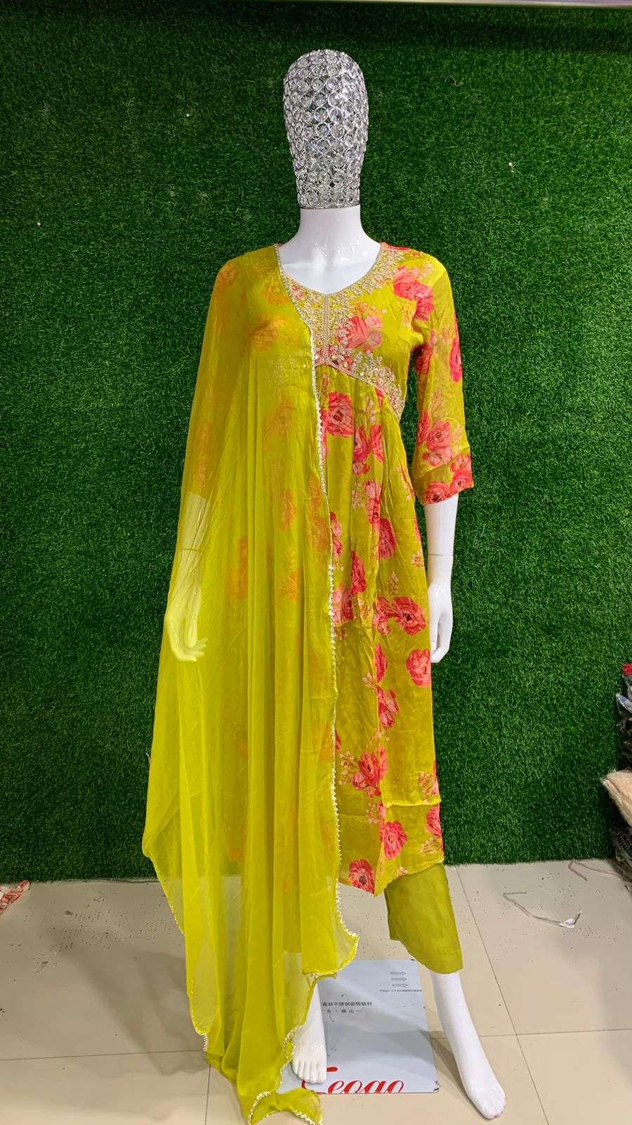 BEMITEX INDIA PRESENTS NEW PURE CHINON WITH HEAVY WORK BASED ALIA CUT YELLOW READYMADE 3 PIECE SUIT COLLECTION WHOLESALE SHOP IN SURAT